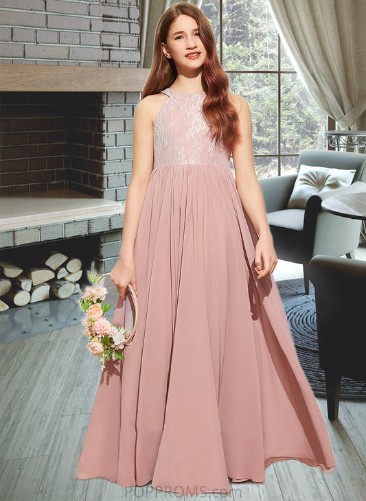 Pauline A-Line Scoop Neck Floor-Length Chiffon Lace Junior Bridesmaid Dress With Sequins PP6P0013655