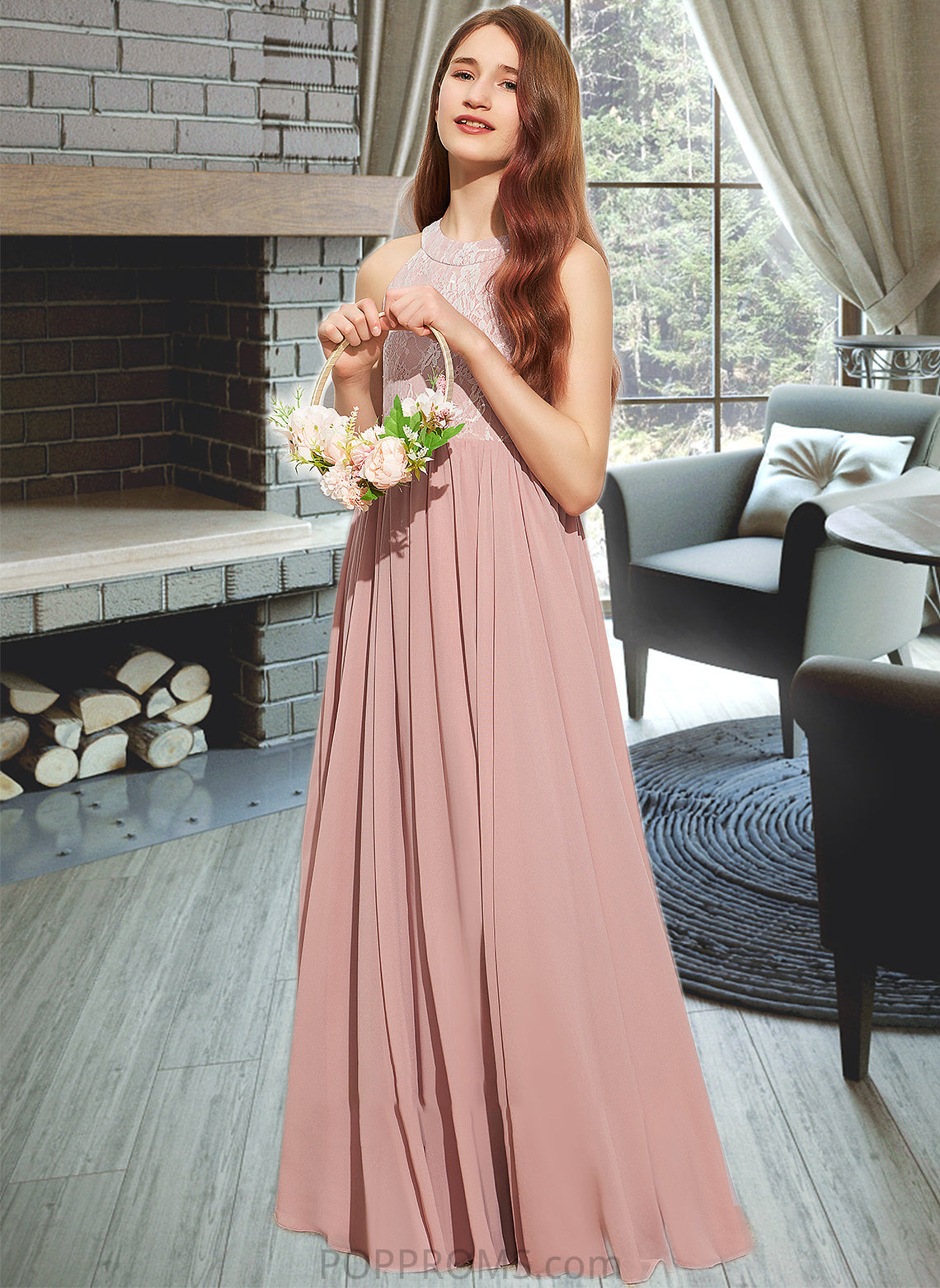 Pauline A-Line Scoop Neck Floor-Length Chiffon Lace Junior Bridesmaid Dress With Sequins PP6P0013655