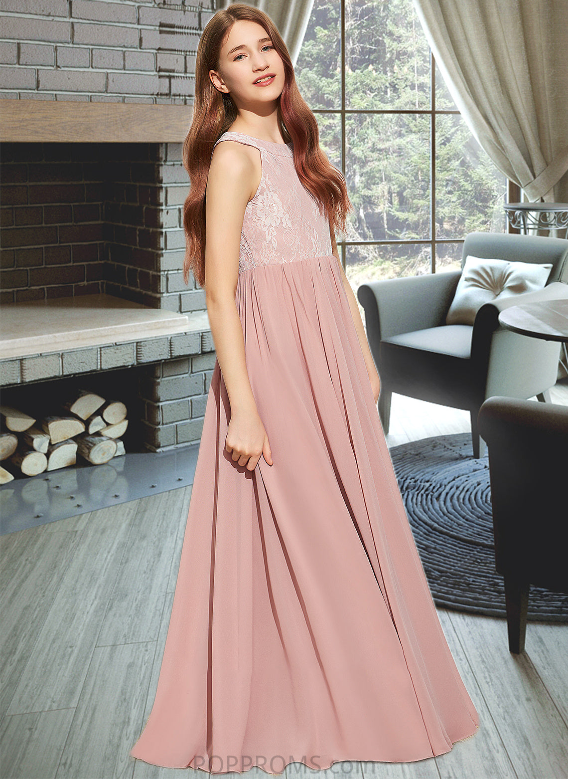 Pauline A-Line Scoop Neck Floor-Length Chiffon Lace Junior Bridesmaid Dress With Sequins PP6P0013655