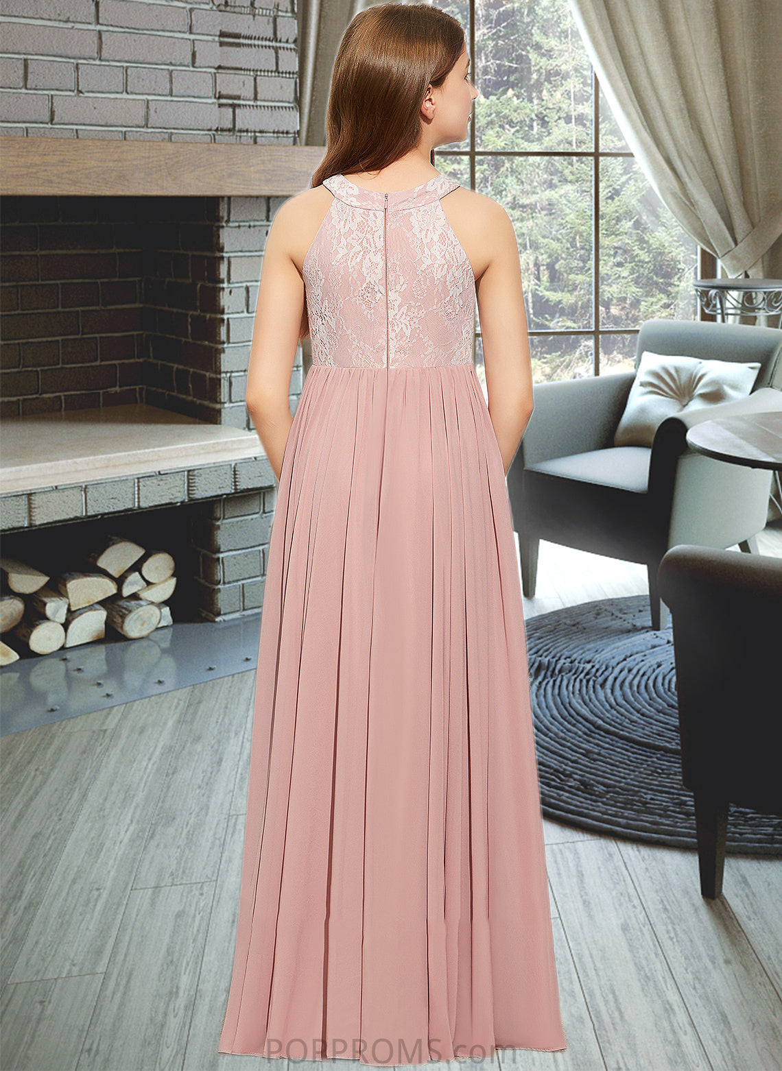 Pauline A-Line Scoop Neck Floor-Length Chiffon Lace Junior Bridesmaid Dress With Sequins PP6P0013655