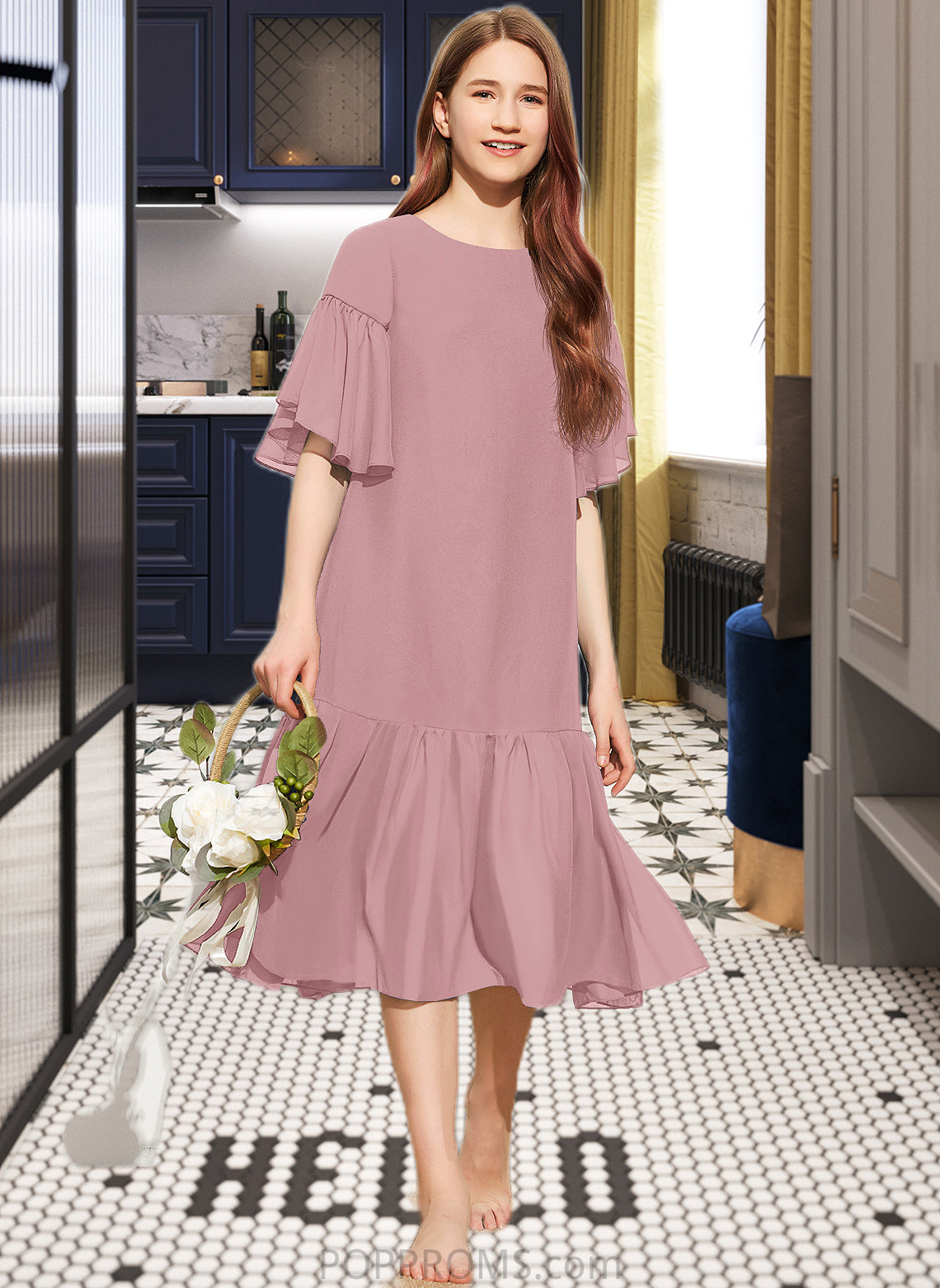 Lily A-Line Scoop Neck Knee-Length Chiffon Junior Bridesmaid Dress With Cascading Ruffles PP6P0013656