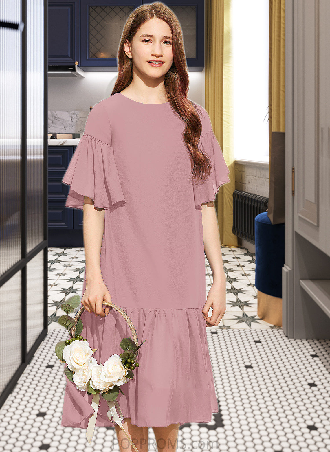 Lily A-Line Scoop Neck Knee-Length Chiffon Junior Bridesmaid Dress With Cascading Ruffles PP6P0013656