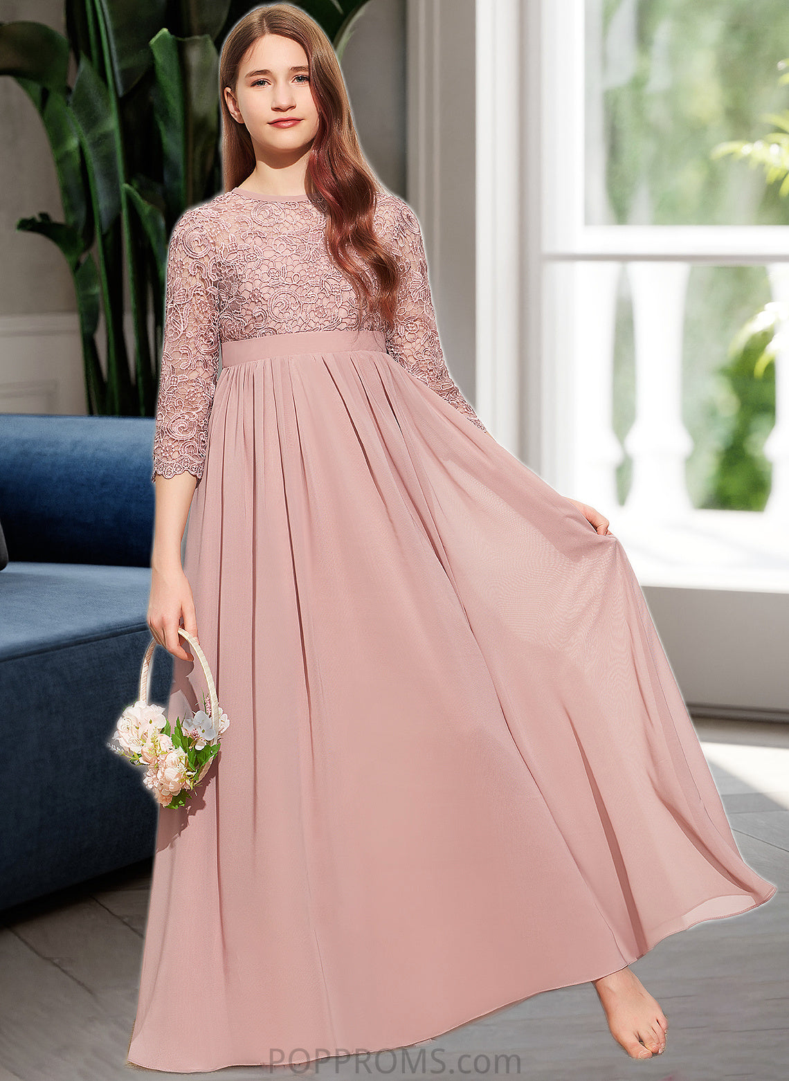 Sheila A-Line Scoop Neck Floor-Length Chiffon Lace Junior Bridesmaid Dress PP6P0013657