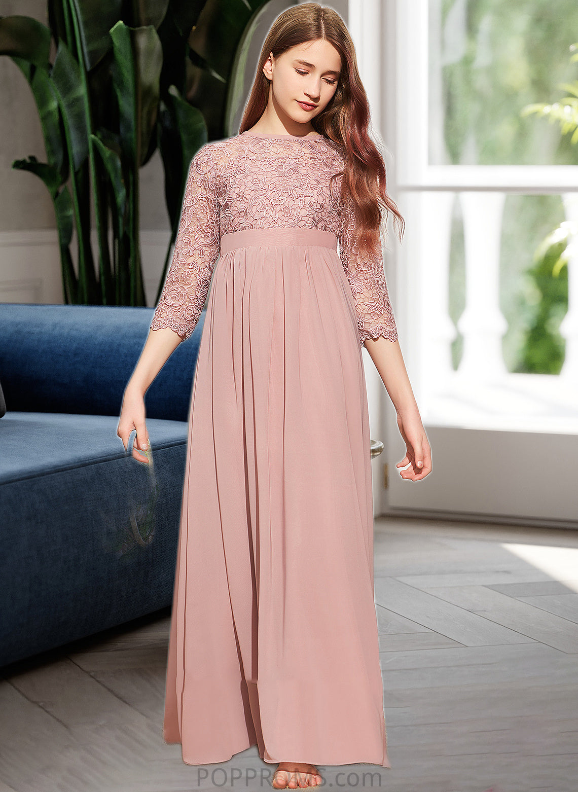 Sheila A-Line Scoop Neck Floor-Length Chiffon Lace Junior Bridesmaid Dress PP6P0013657