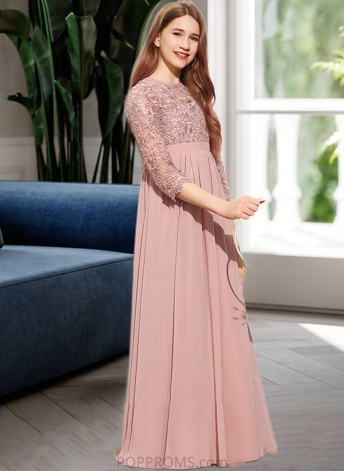 Sheila A-Line Scoop Neck Floor-Length Chiffon Lace Junior Bridesmaid Dress PP6P0013657