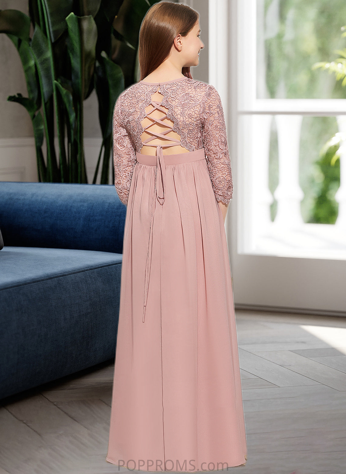 Sheila A-Line Scoop Neck Floor-Length Chiffon Lace Junior Bridesmaid Dress PP6P0013657