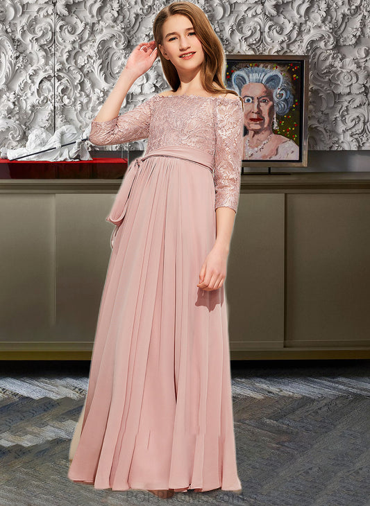 Emelia A-Line Off-the-Shoulder Floor-Length Chiffon Lace Junior Bridesmaid Dress With Bow(s) PP6P0013658