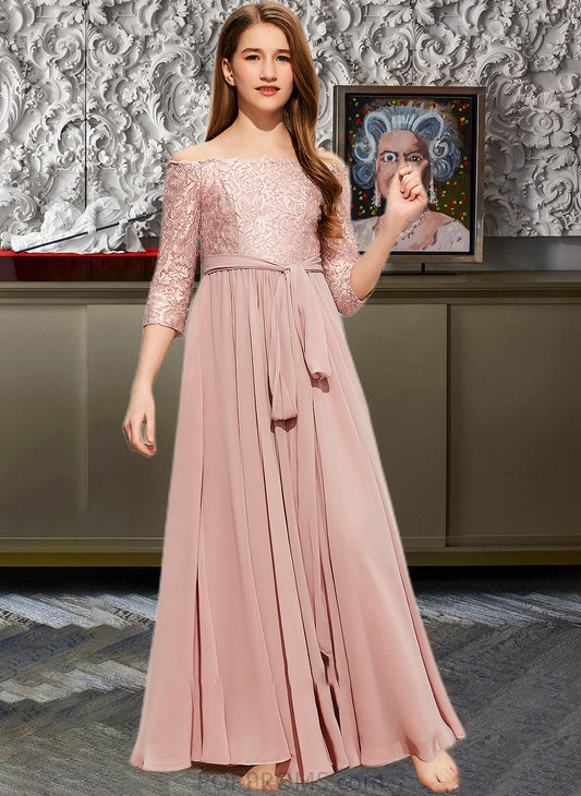 Emelia A-Line Off-the-Shoulder Floor-Length Chiffon Lace Junior Bridesmaid Dress With Bow(s) PP6P0013658