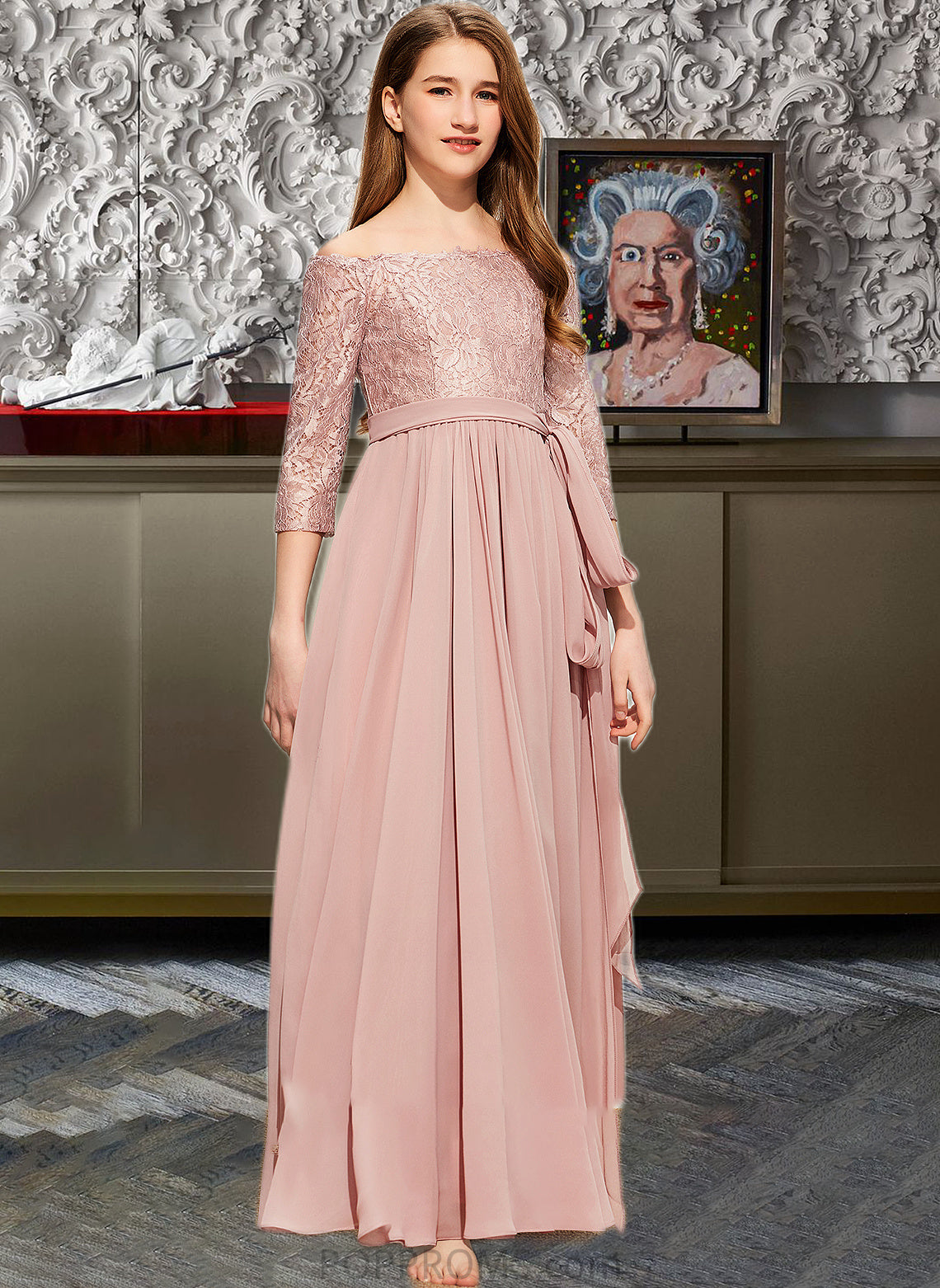 Emelia A-Line Off-the-Shoulder Floor-Length Chiffon Lace Junior Bridesmaid Dress With Bow(s) PP6P0013658