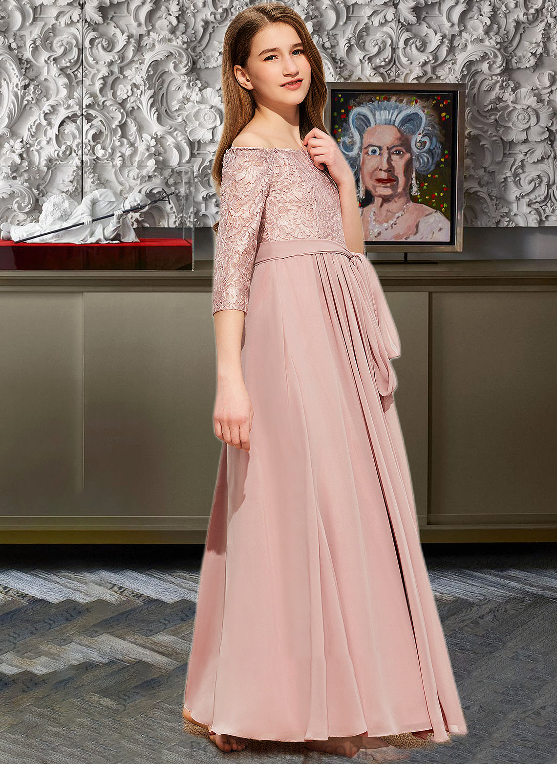 Emelia A-Line Off-the-Shoulder Floor-Length Chiffon Lace Junior Bridesmaid Dress With Bow(s) PP6P0013658