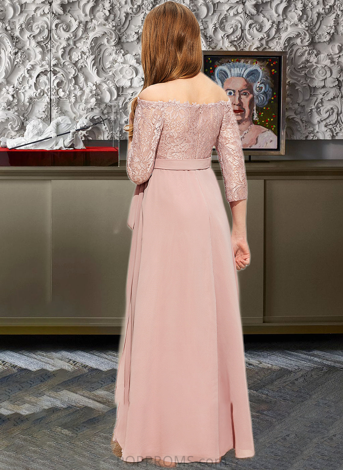 Emelia A-Line Off-the-Shoulder Floor-Length Chiffon Lace Junior Bridesmaid Dress With Bow(s) PP6P0013658