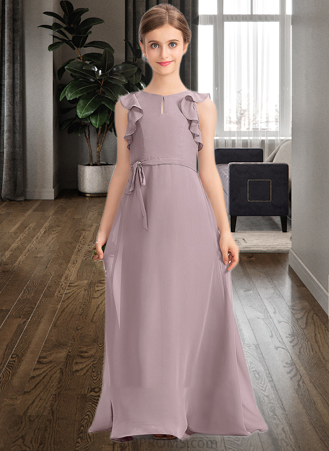 Adalyn A-Line Scoop Neck Floor-Length Chiffon Junior Bridesmaid Dress With Bow(s) Cascading Ruffles PP6P0013659