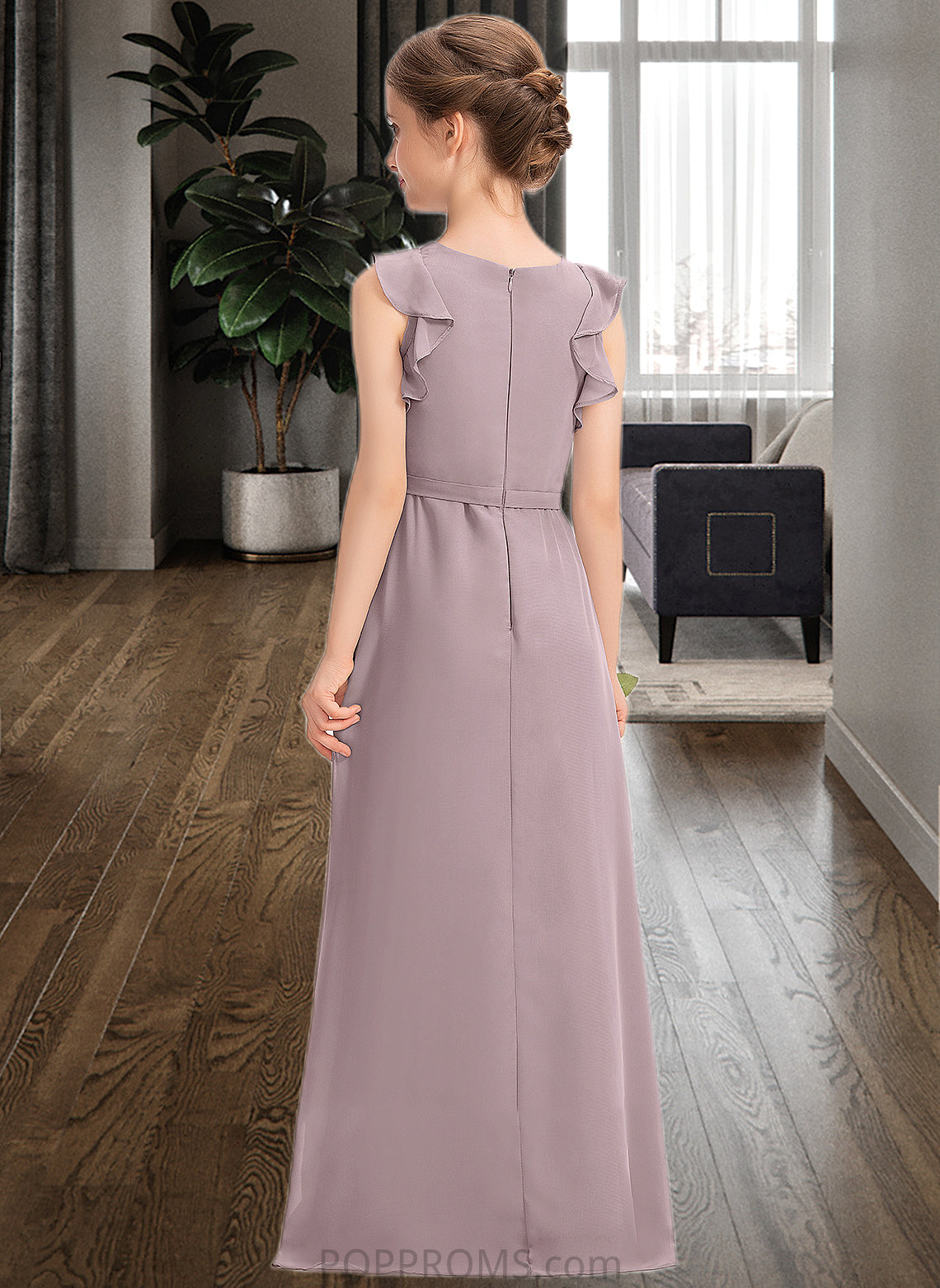 Adalyn A-Line Scoop Neck Floor-Length Chiffon Junior Bridesmaid Dress With Bow(s) Cascading Ruffles PP6P0013659