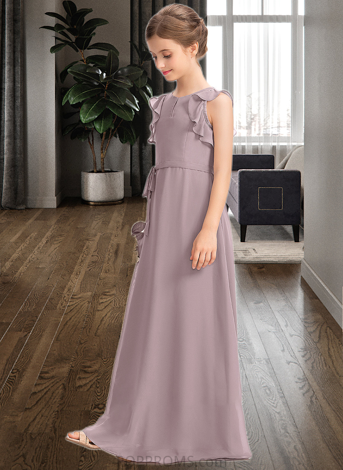 Adalyn A-Line Scoop Neck Floor-Length Chiffon Junior Bridesmaid Dress With Bow(s) Cascading Ruffles PP6P0013659