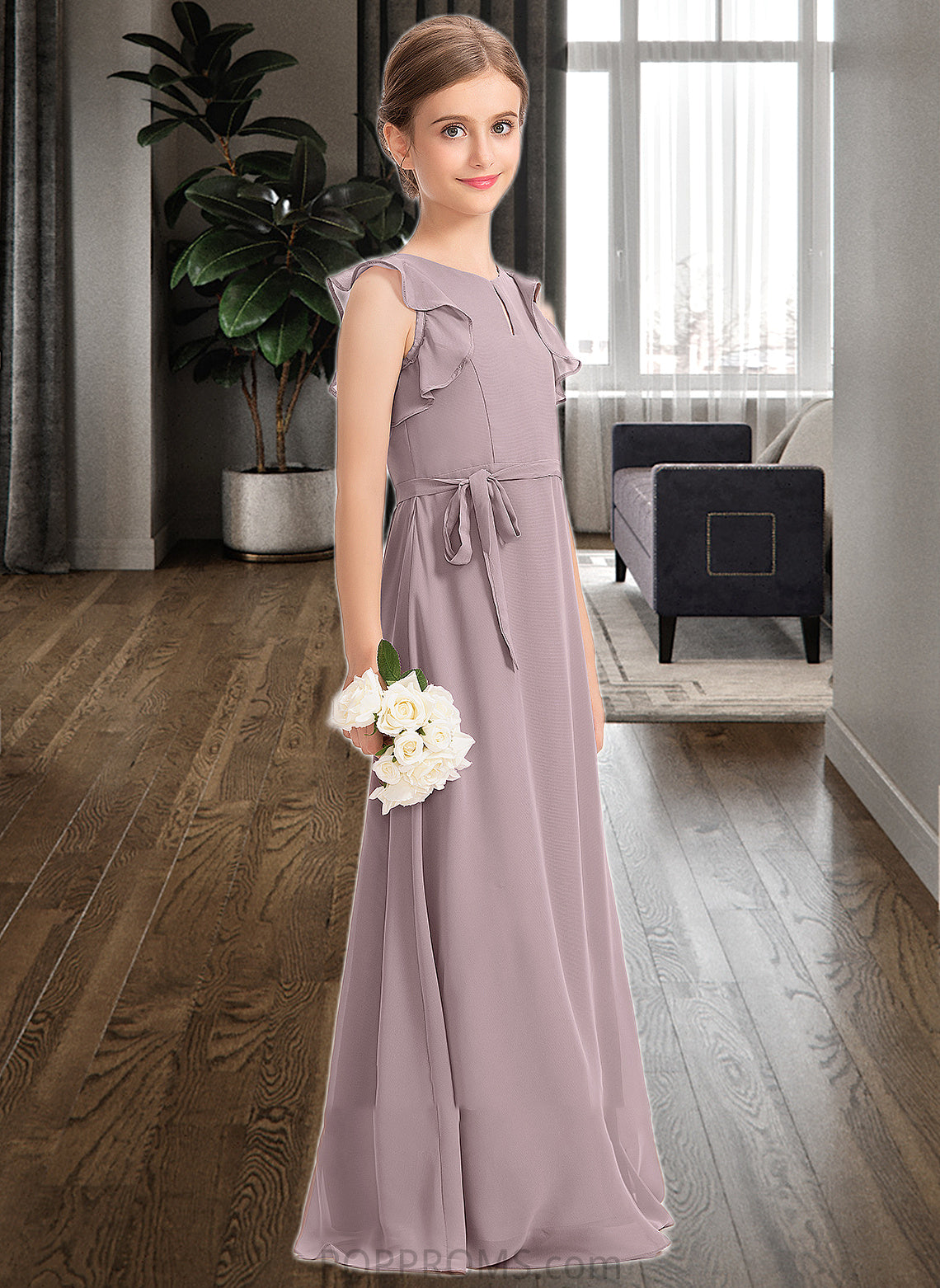 Adalyn A-Line Scoop Neck Floor-Length Chiffon Junior Bridesmaid Dress With Bow(s) Cascading Ruffles PP6P0013659