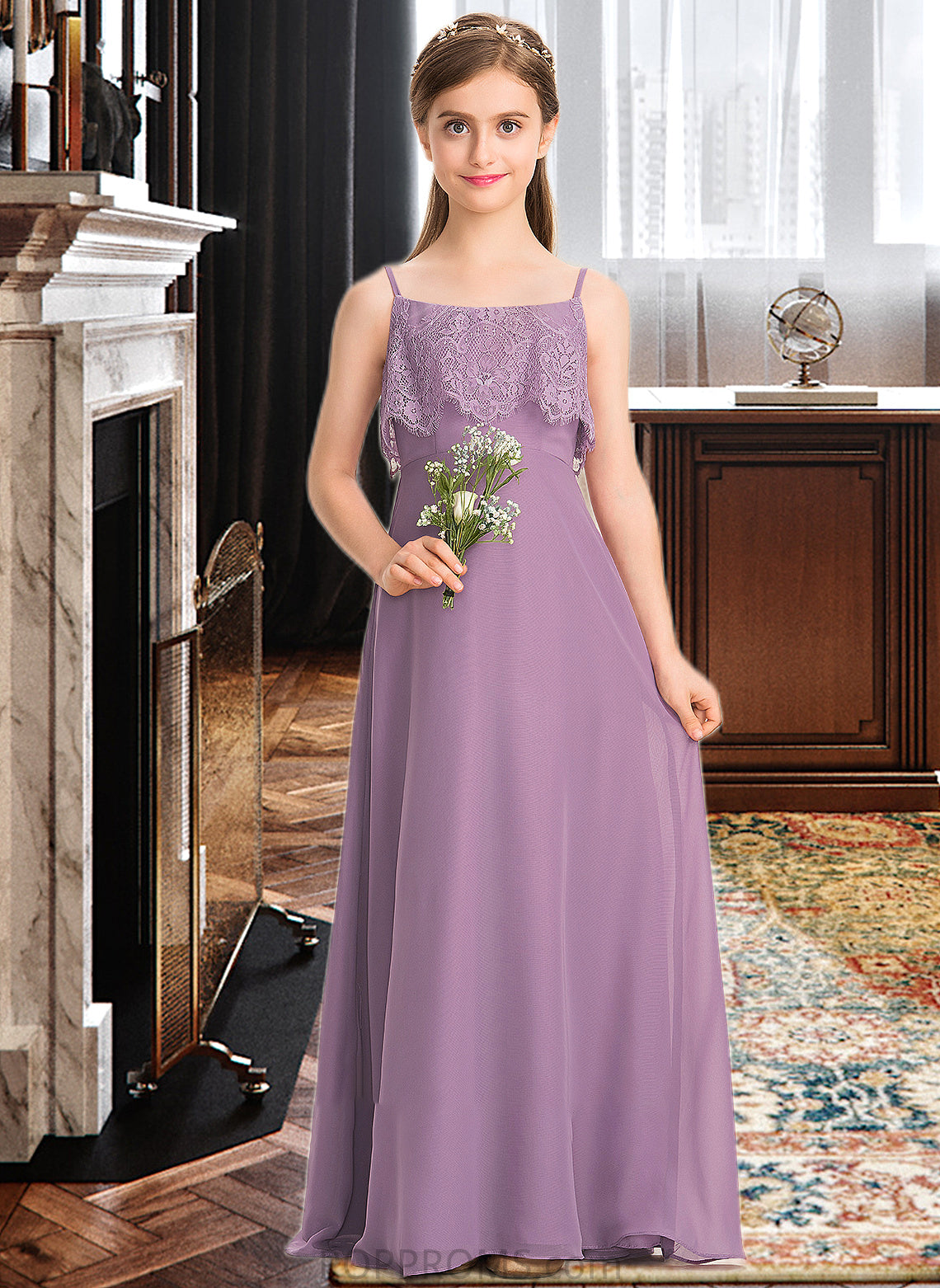 Sage A-Line Square Neckline Floor-Length Chiffon Lace Junior Bridesmaid Dress PP6P0013660