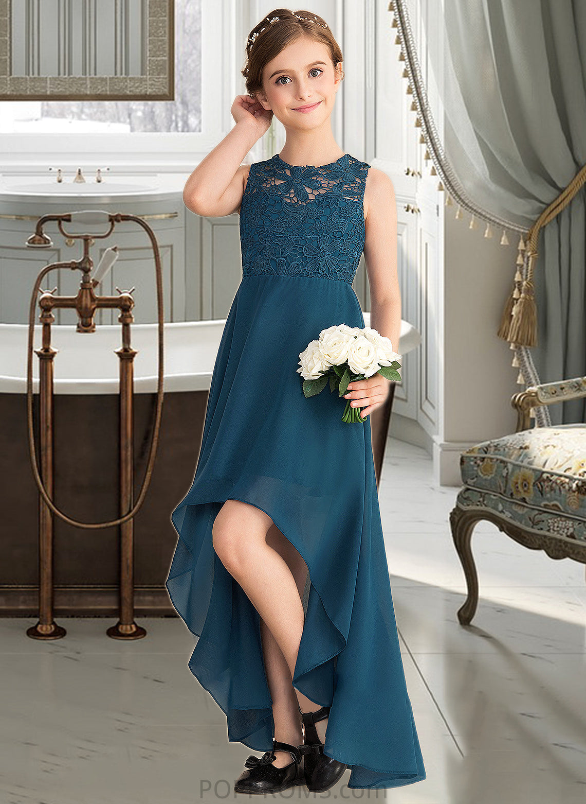 Izabelle A-Line Scoop Neck Asymmetrical Chiffon Lace Junior Bridesmaid Dress PP6P0013661