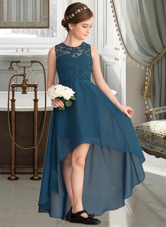 Izabelle A-Line Scoop Neck Asymmetrical Chiffon Lace Junior Bridesmaid Dress PP6P0013661