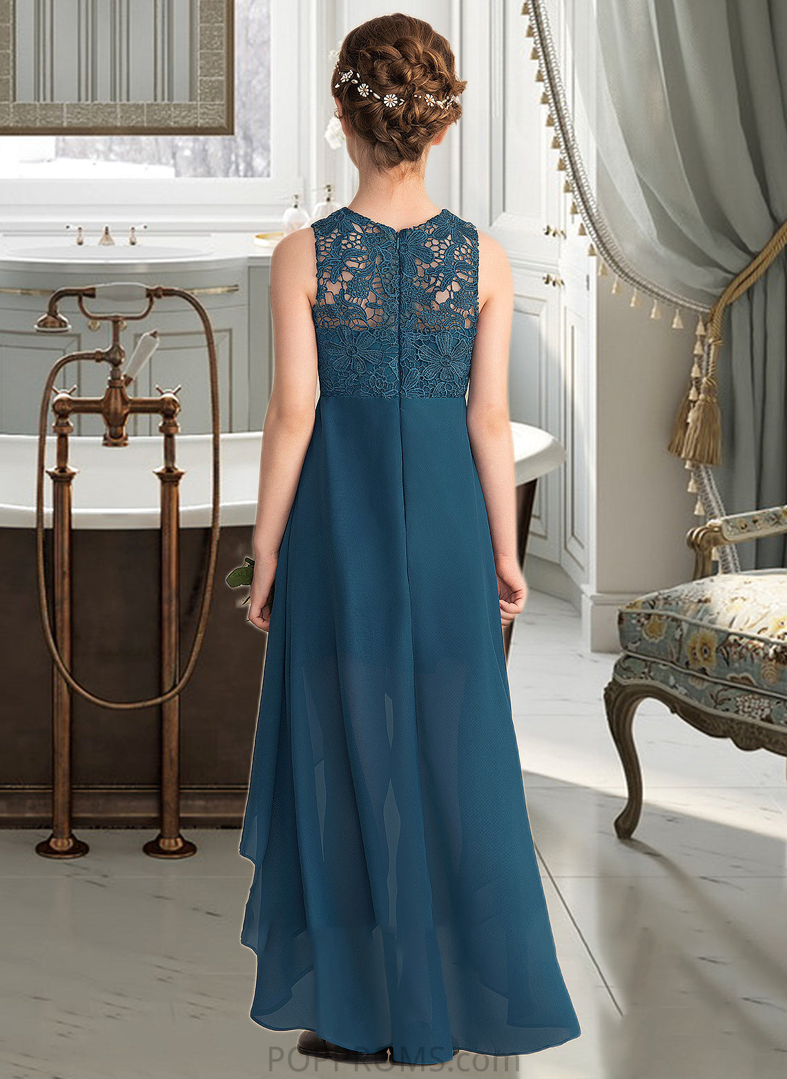 Izabelle A-Line Scoop Neck Asymmetrical Chiffon Lace Junior Bridesmaid Dress PP6P0013661