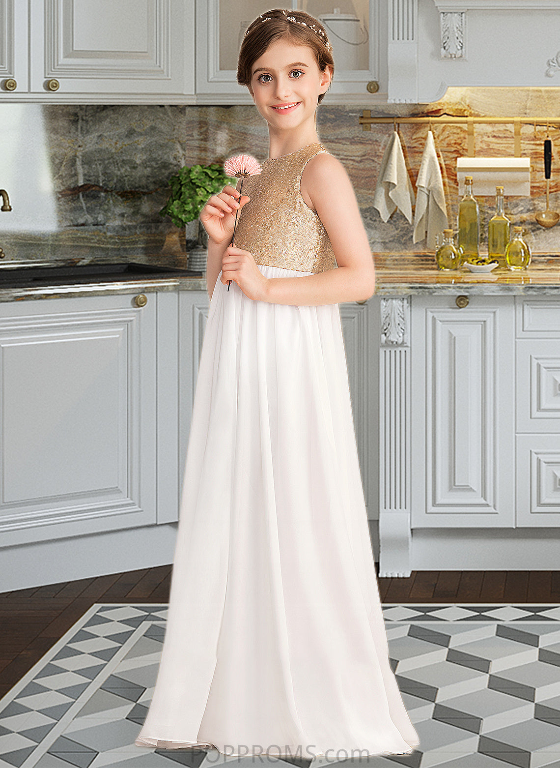 Teagan A-Line Scoop Neck Floor-Length Chiffon Sequined Junior Bridesmaid Dress PP6P0013662