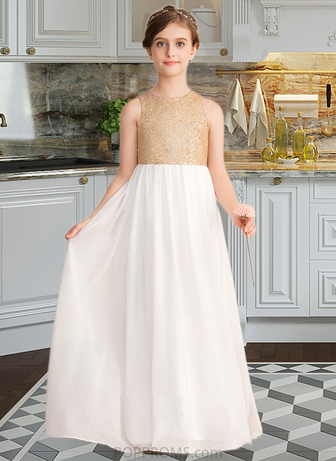 Teagan A-Line Scoop Neck Floor-Length Chiffon Sequined Junior Bridesmaid Dress PP6P0013662