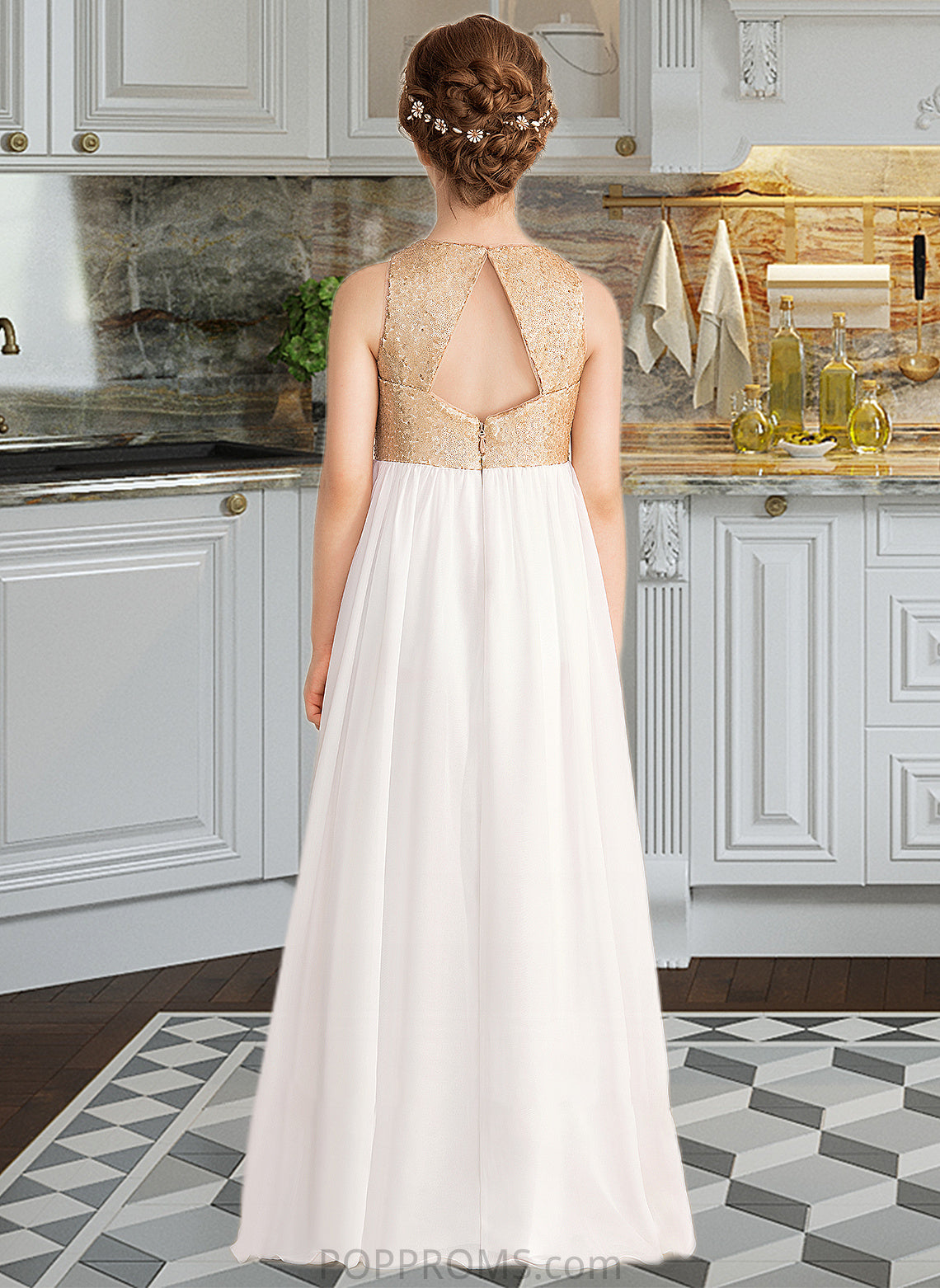 Teagan A-Line Scoop Neck Floor-Length Chiffon Sequined Junior Bridesmaid Dress PP6P0013662