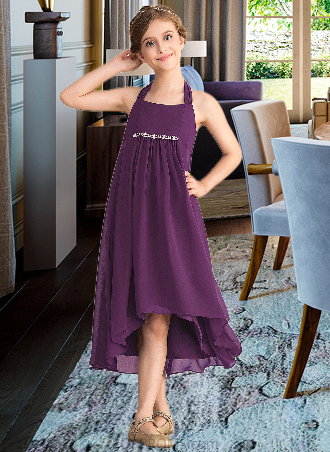 Annabelle Empire Halter Asymmetrical Chiffon Junior Bridesmaid Dress With Beading Bow(s) PP6P0013663