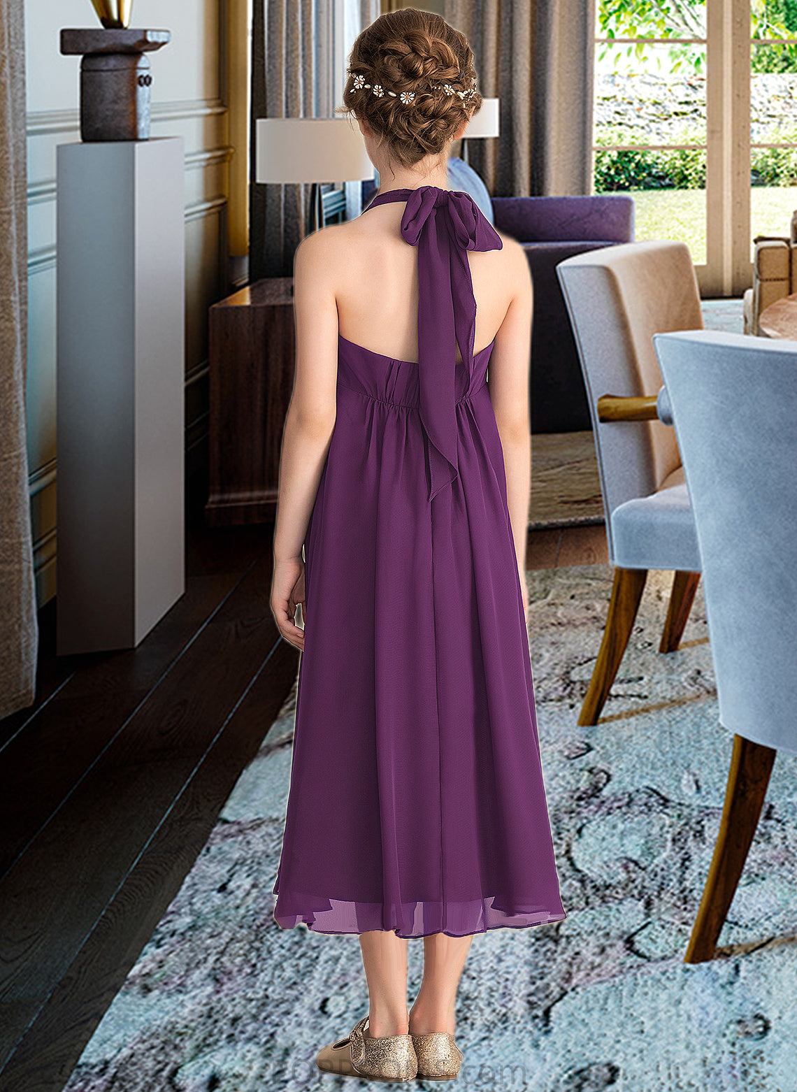 Annabelle Empire Halter Asymmetrical Chiffon Junior Bridesmaid Dress With Beading Bow(s) PP6P0013663