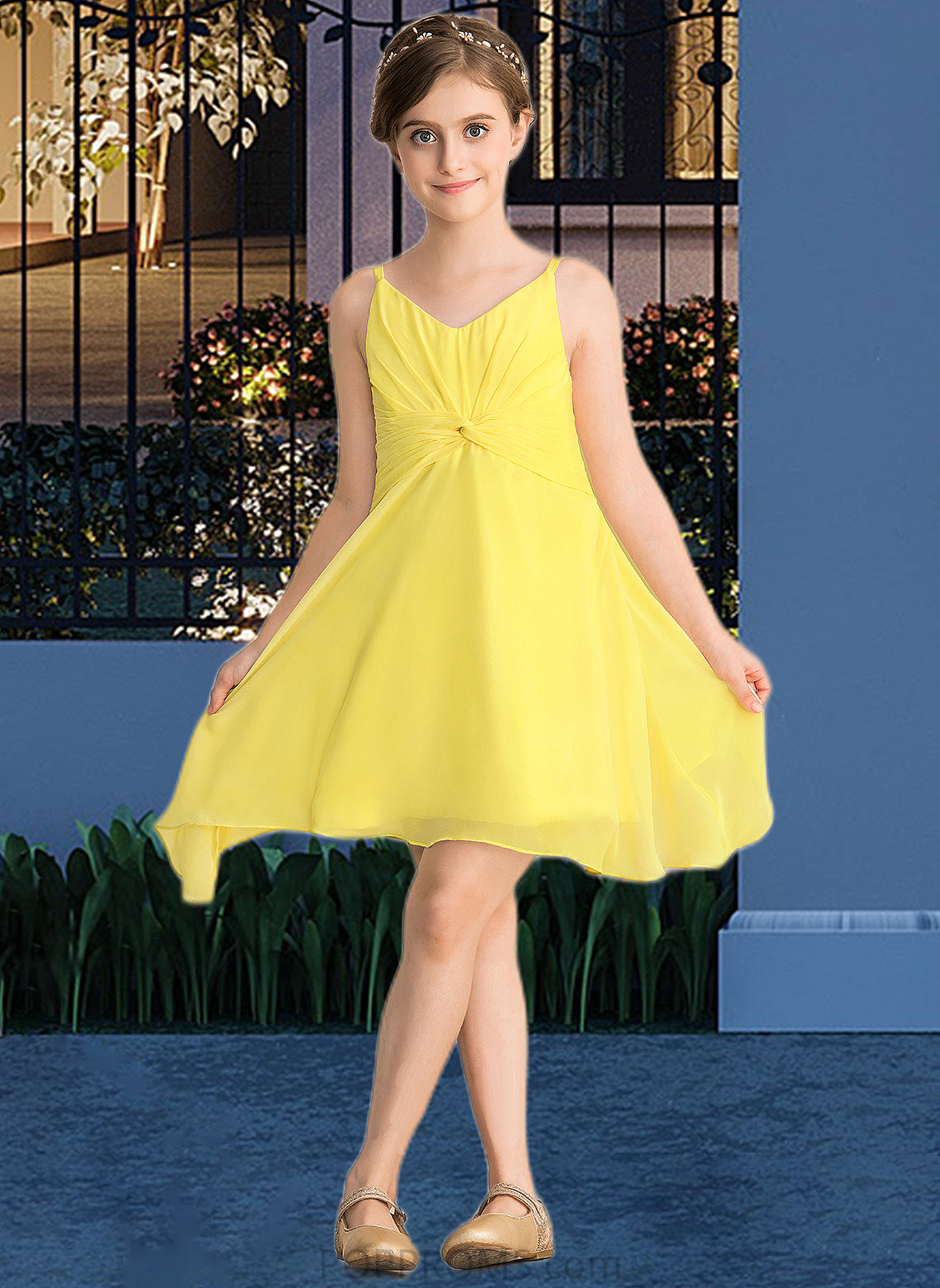 Gill A-Line V-neck Knee-Length Chiffon Junior Bridesmaid Dress With Ruffle PP6P0013664