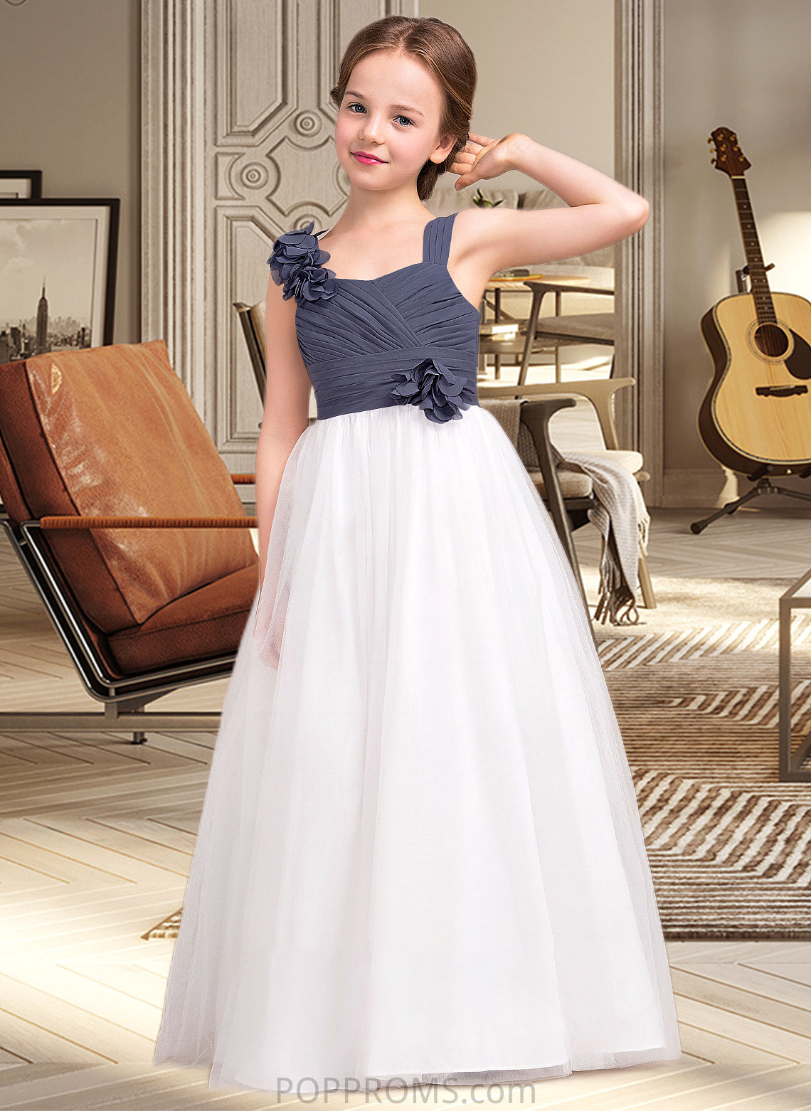 Marianna A-Line Sweetheart Floor-Length Chiffon Tulle Junior Bridesmaid Dress With Ruffle Flower(s) PP6P0013665