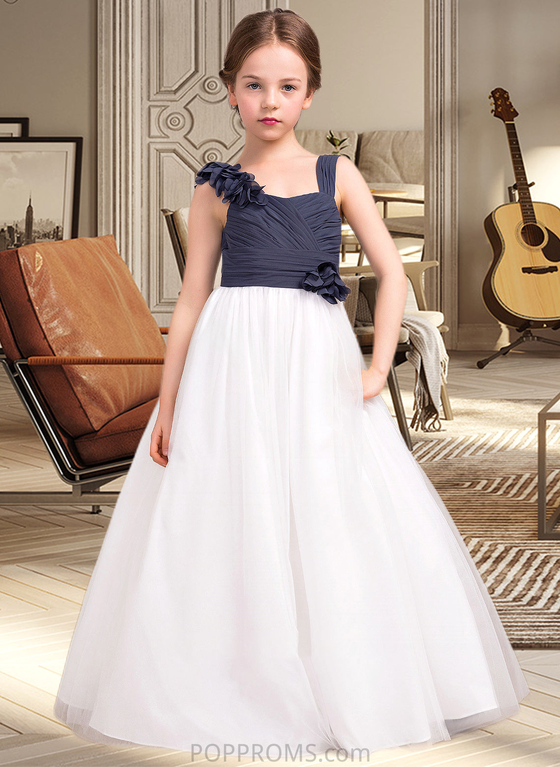 Marianna A-Line Sweetheart Floor-Length Chiffon Tulle Junior Bridesmaid Dress With Ruffle Flower(s) PP6P0013665