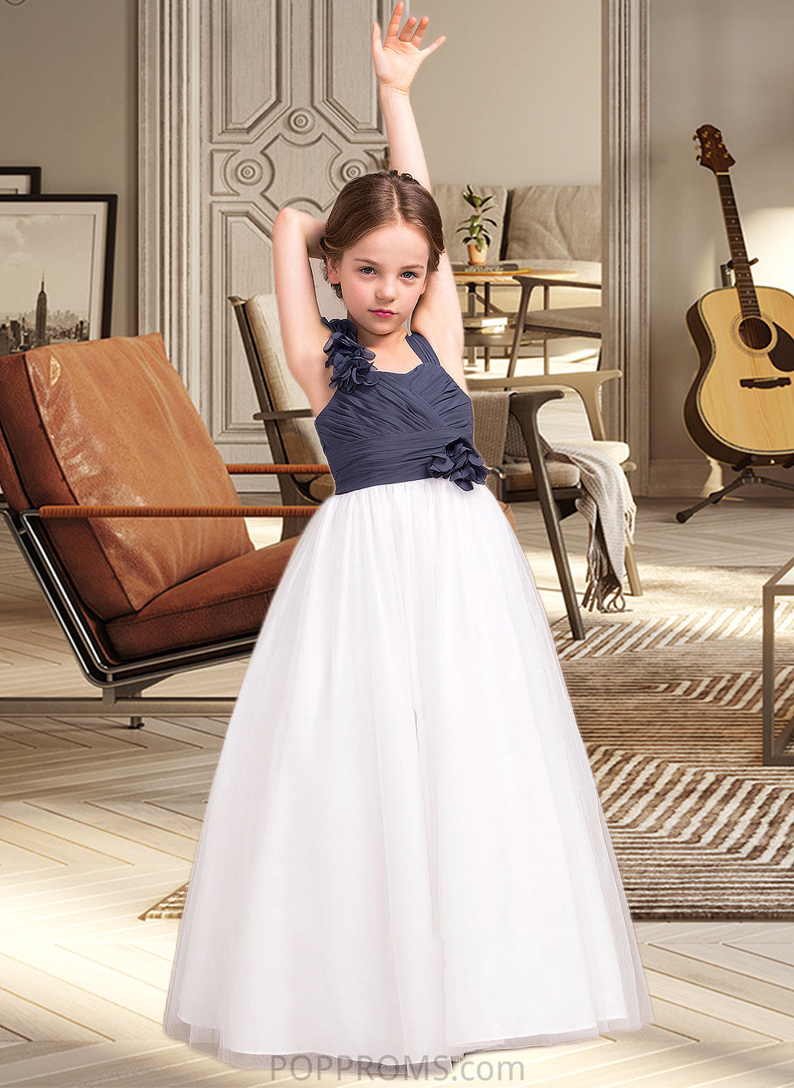 Marianna A-Line Sweetheart Floor-Length Chiffon Tulle Junior Bridesmaid Dress With Ruffle Flower(s) PP6P0013665