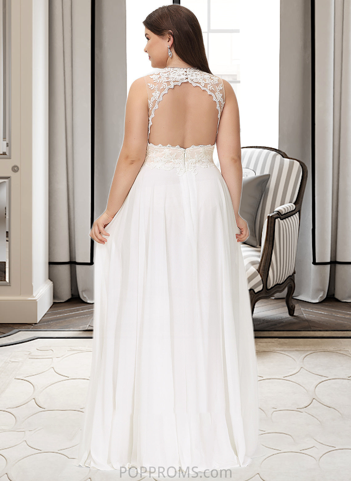 Makenna A-Line V-neck Sweep Train Chiffon Lace Wedding Dress With Lace PP6P0013677