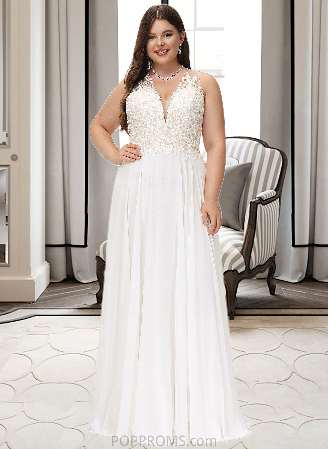 Makenna A-Line V-neck Sweep Train Chiffon Lace Wedding Dress With Lace PP6P0013677