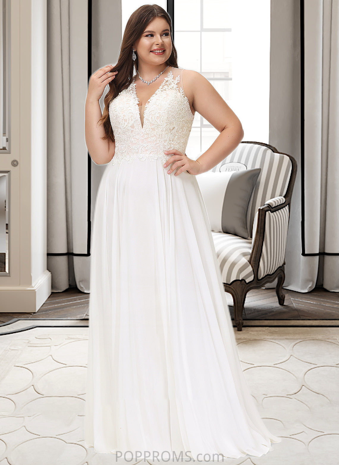 Makenna A-Line V-neck Sweep Train Chiffon Lace Wedding Dress With Lace PP6P0013677