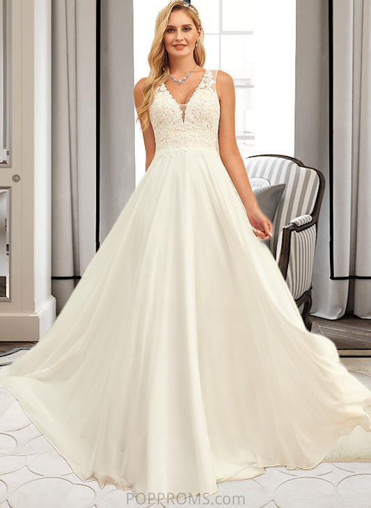 Makenna A-Line V-neck Sweep Train Chiffon Lace Wedding Dress With Lace PP6P0013677