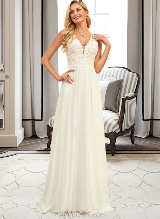 Makenna A-Line V-neck Sweep Train Chiffon Lace Wedding Dress With Lace PP6P0013677