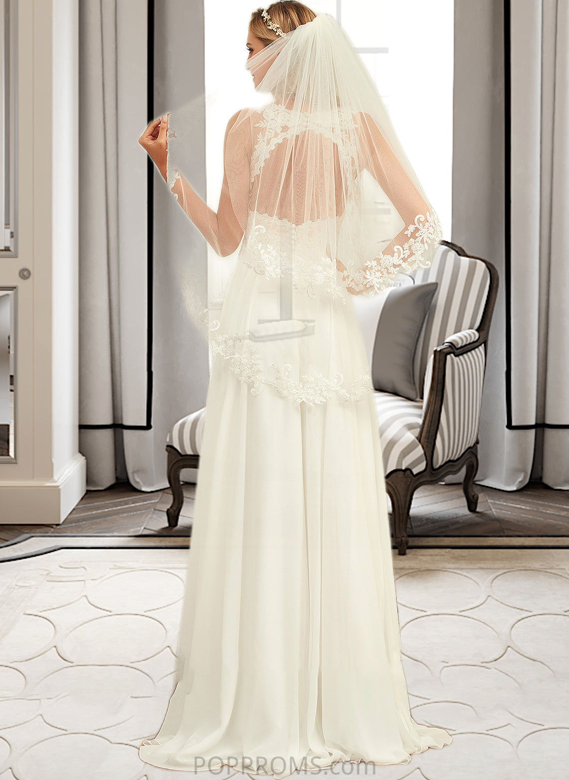 Makenna A-Line V-neck Sweep Train Chiffon Lace Wedding Dress With Lace PP6P0013677