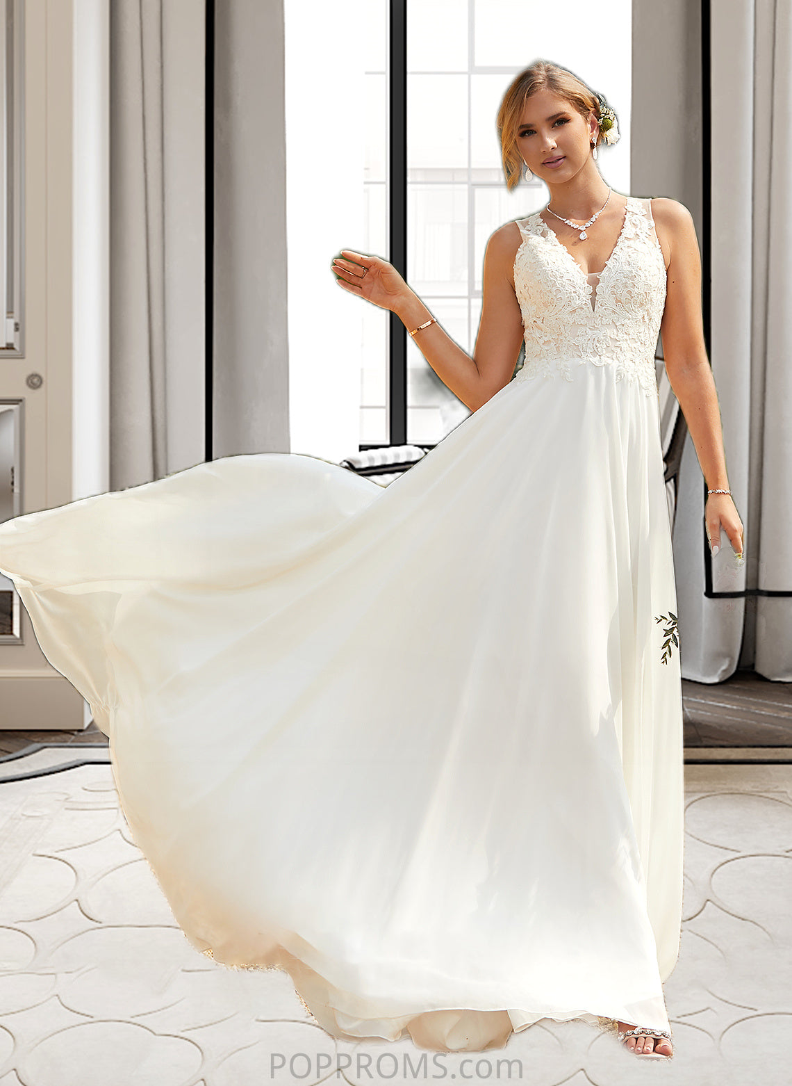 Makenna A-Line V-neck Sweep Train Chiffon Lace Wedding Dress With Lace PP6P0013677