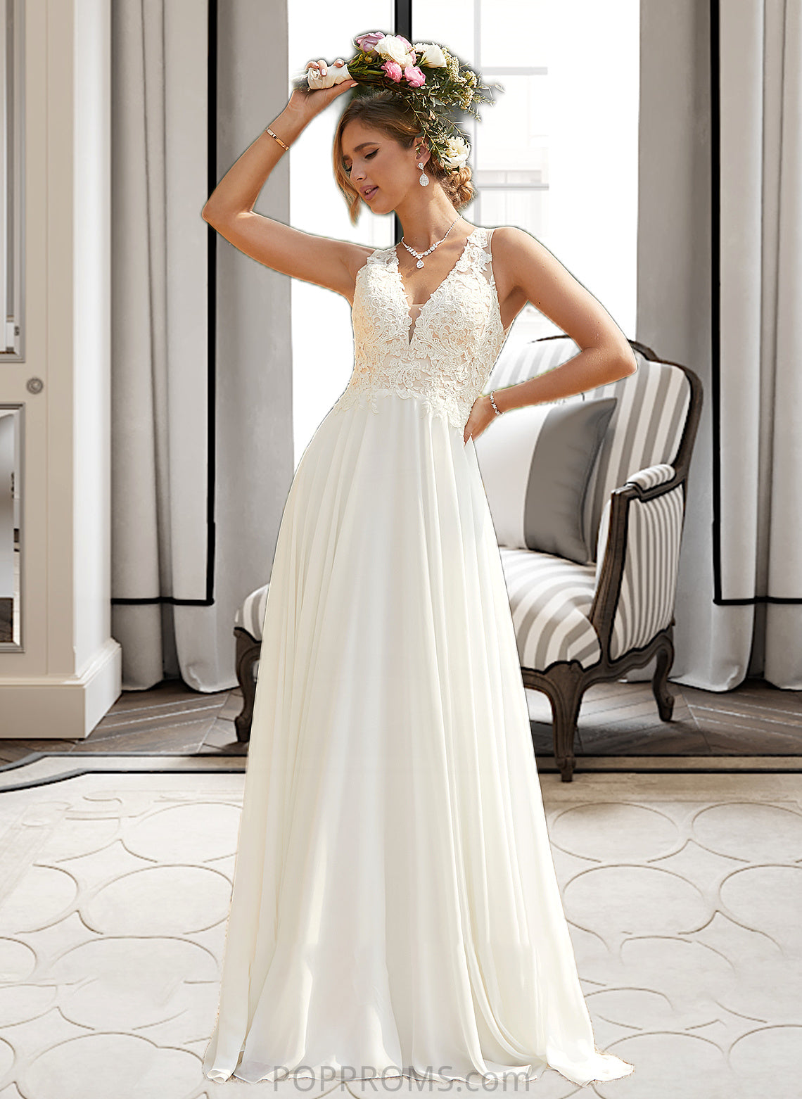 Makenna A-Line V-neck Sweep Train Chiffon Lace Wedding Dress With Lace PP6P0013677