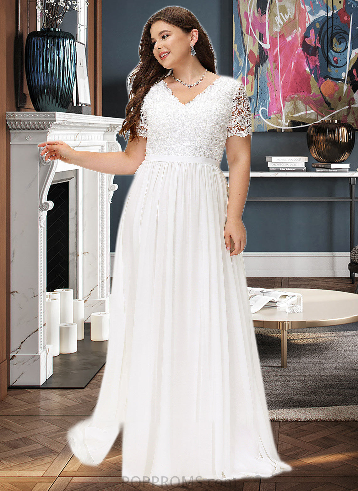 Melissa A-Line V-neck Floor-Length Chiffon Lace Wedding Dress PP6P0013678