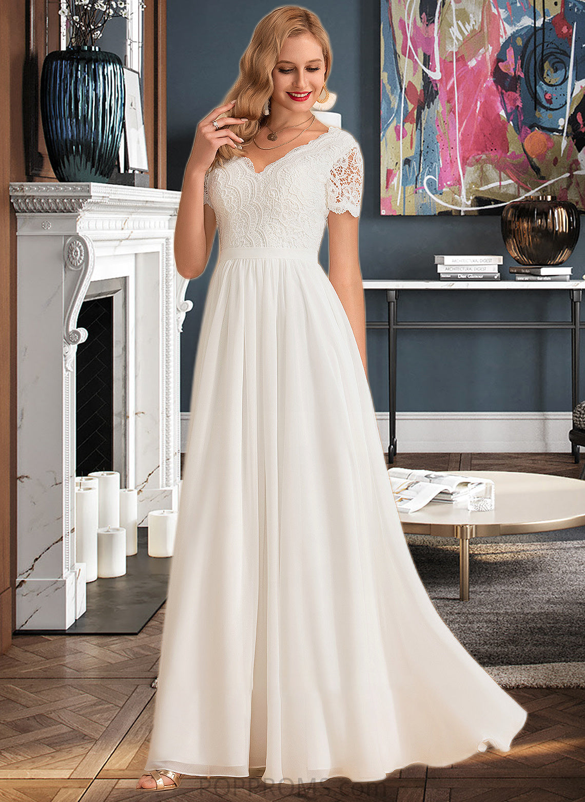 Melissa A-Line V-neck Floor-Length Chiffon Lace Wedding Dress PP6P0013678