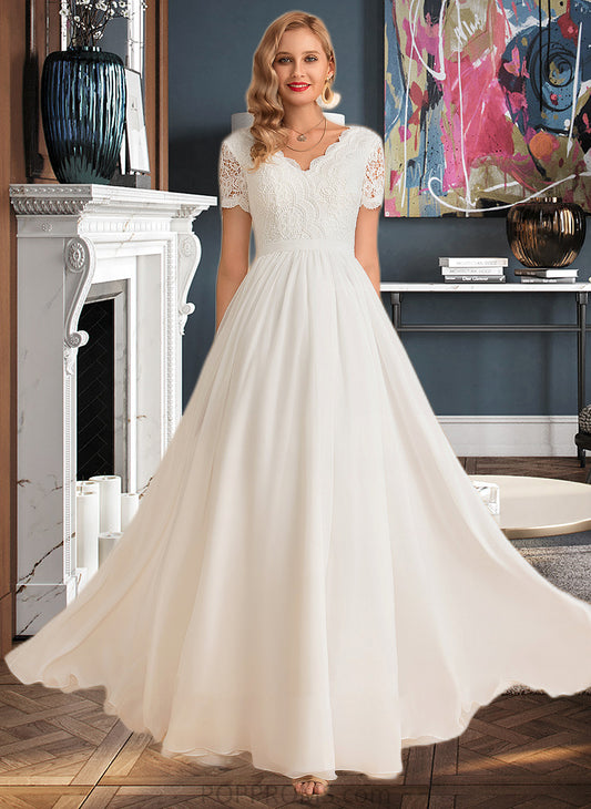 Melissa A-Line V-neck Floor-Length Chiffon Lace Wedding Dress PP6P0013678