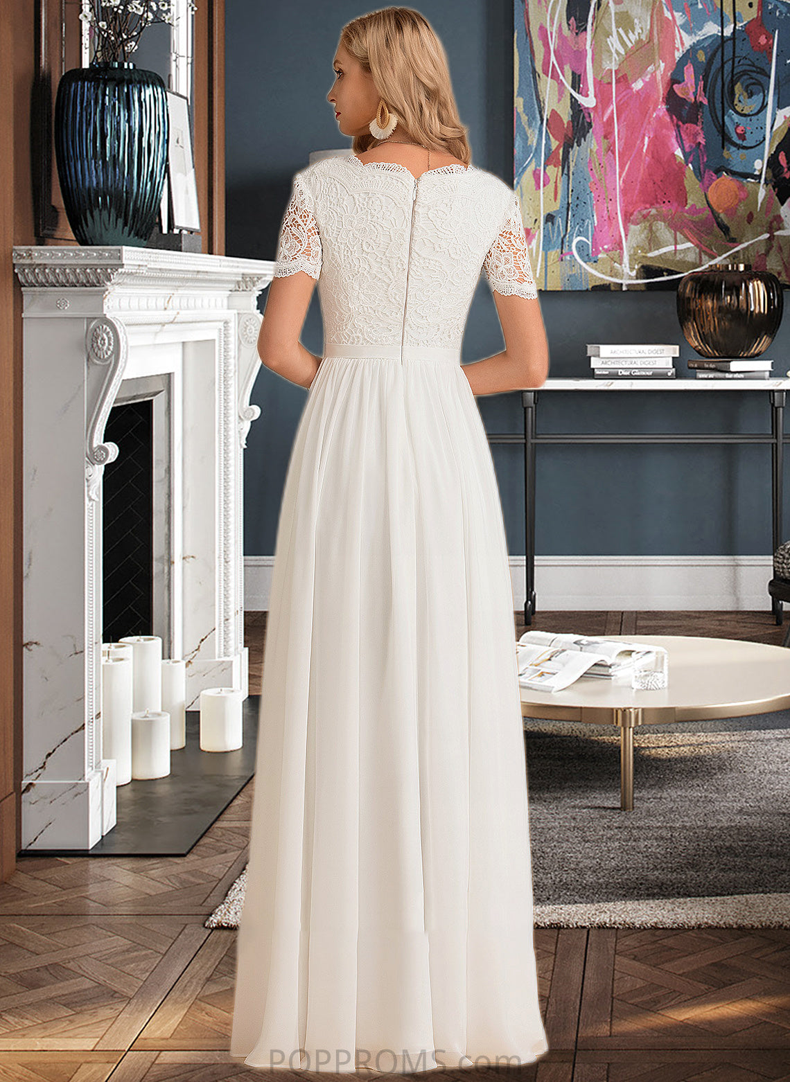 Melissa A-Line V-neck Floor-Length Chiffon Lace Wedding Dress PP6P0013678