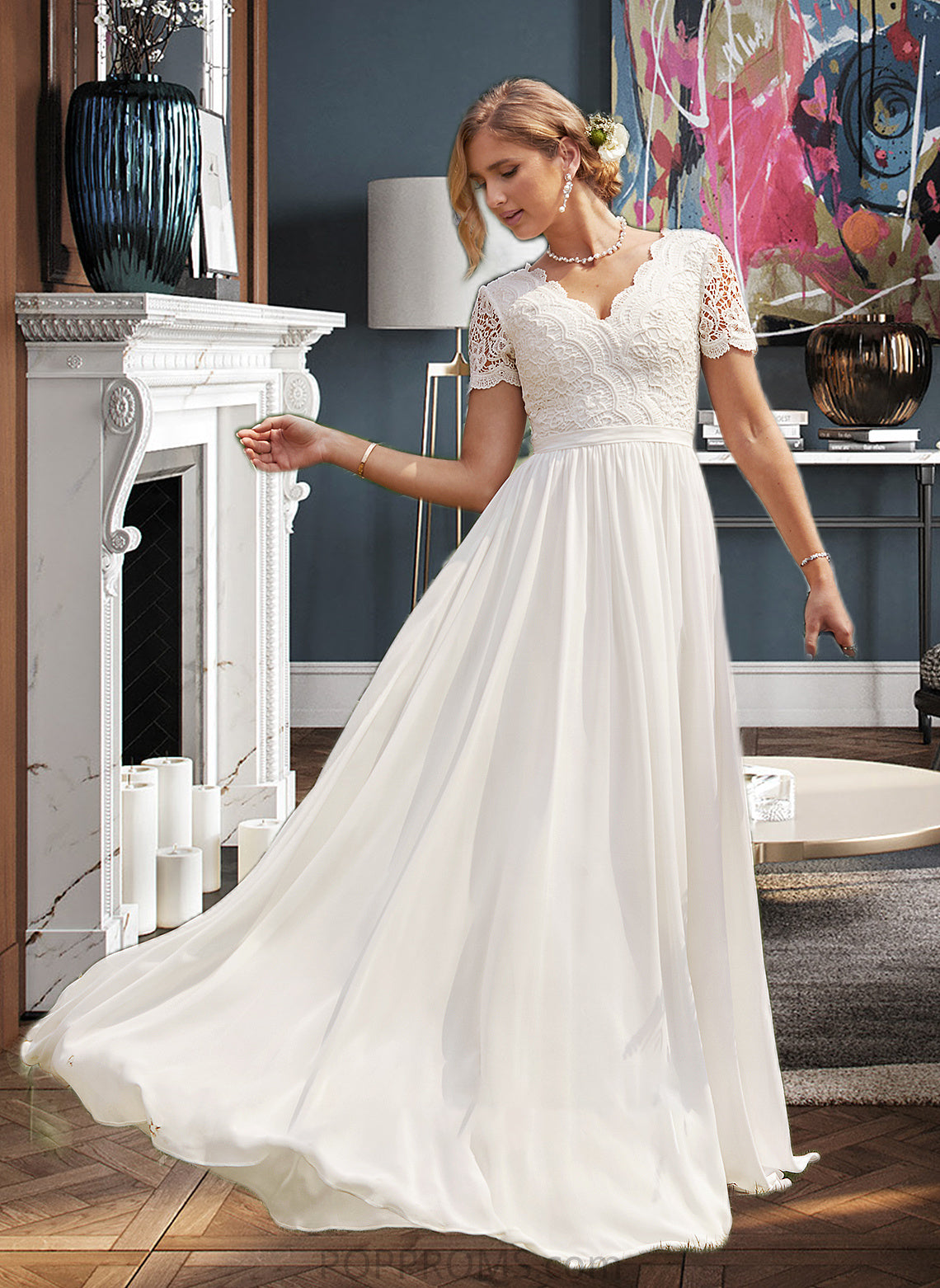 Melissa A-Line V-neck Floor-Length Chiffon Lace Wedding Dress PP6P0013678