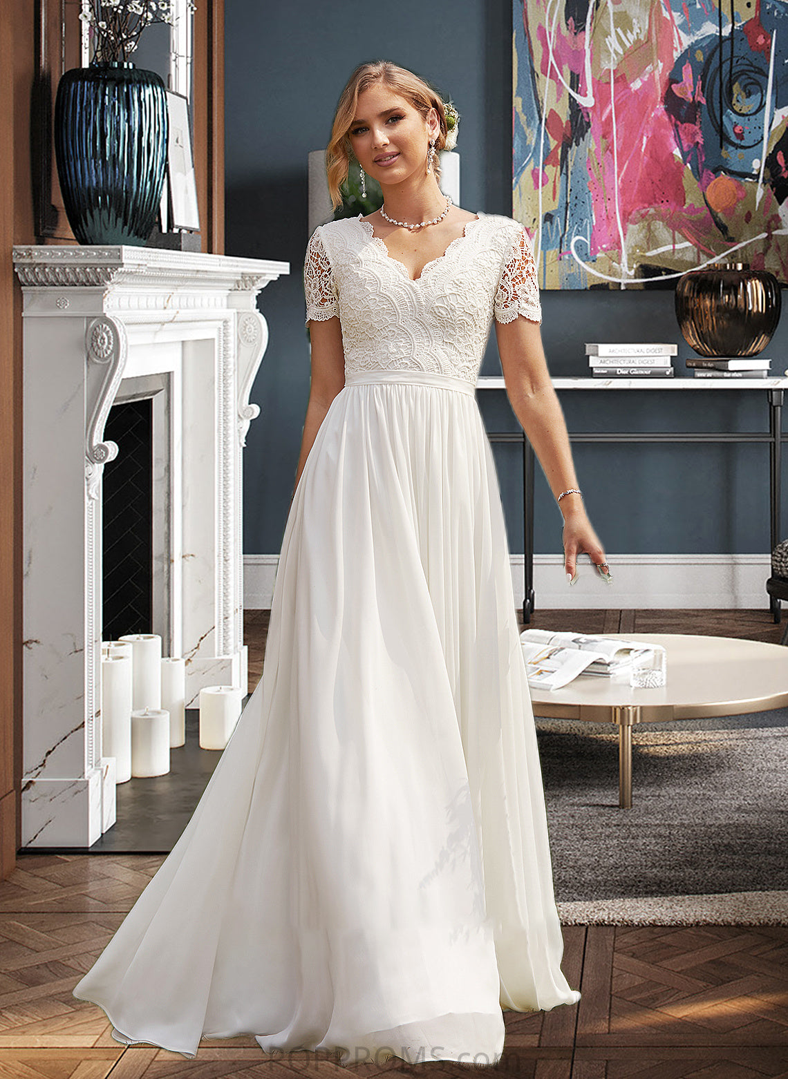 Melissa A-Line V-neck Floor-Length Chiffon Lace Wedding Dress PP6P0013678