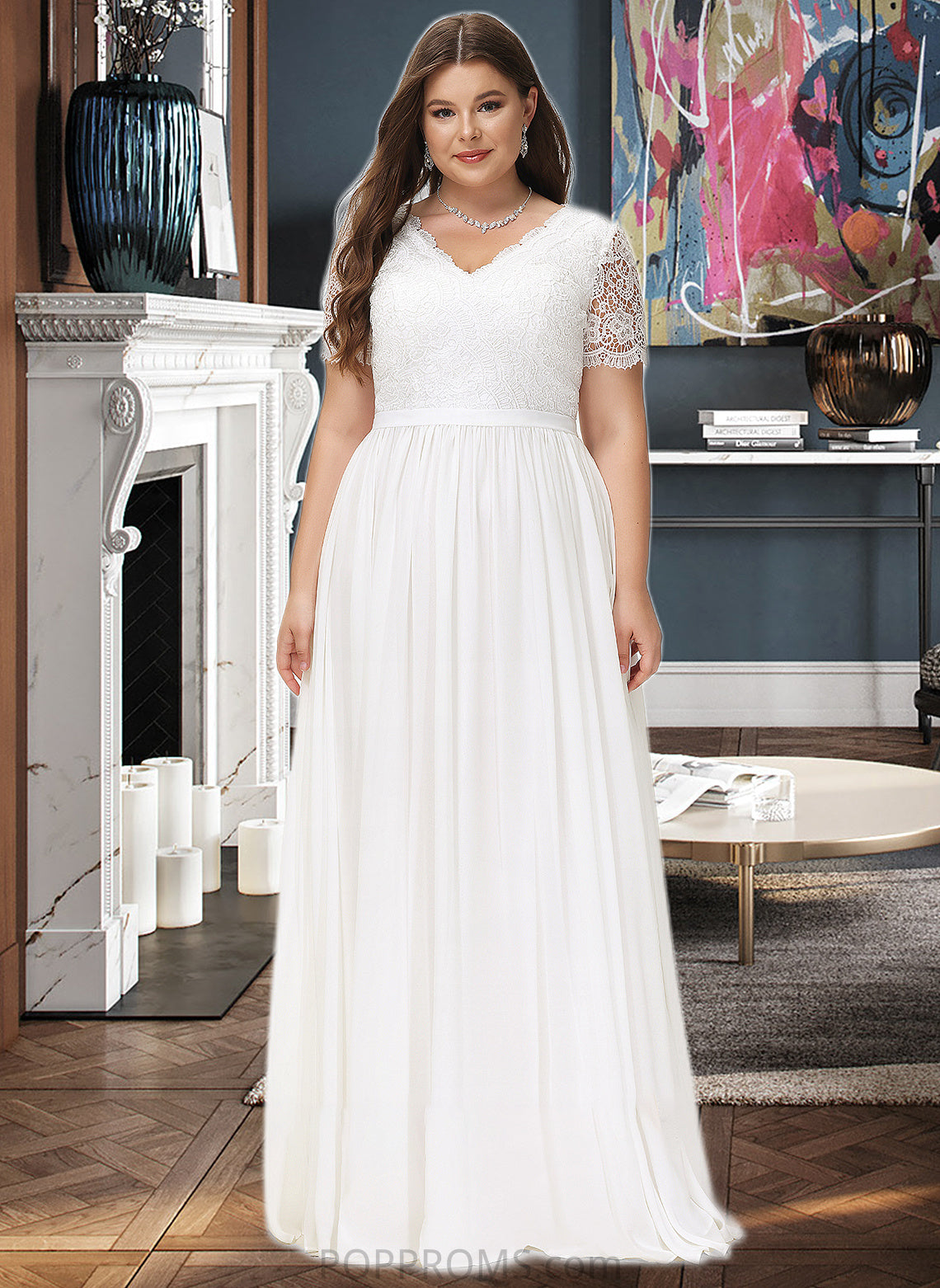 Melissa A-Line V-neck Floor-Length Chiffon Lace Wedding Dress PP6P0013678