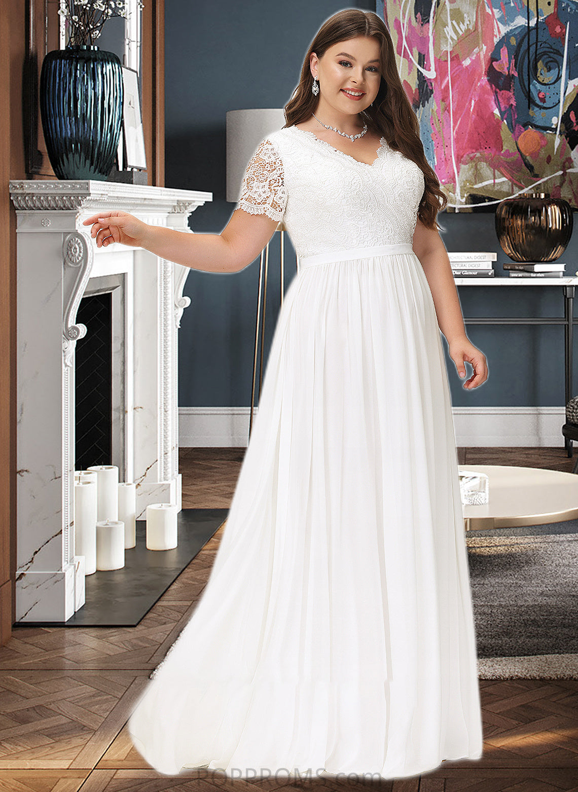 Melissa A-Line V-neck Floor-Length Chiffon Lace Wedding Dress PP6P0013678