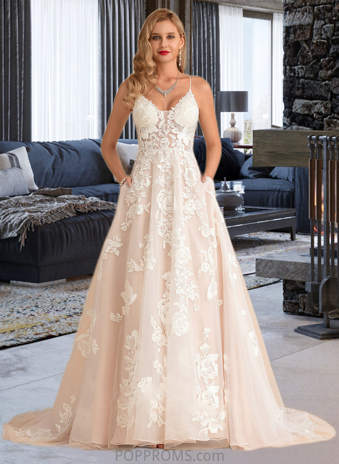 Aaliyah Ball-Gown/Princess V-neck Court Train Tulle Lace Wedding Dress With Beading Pockets PP6P0013679