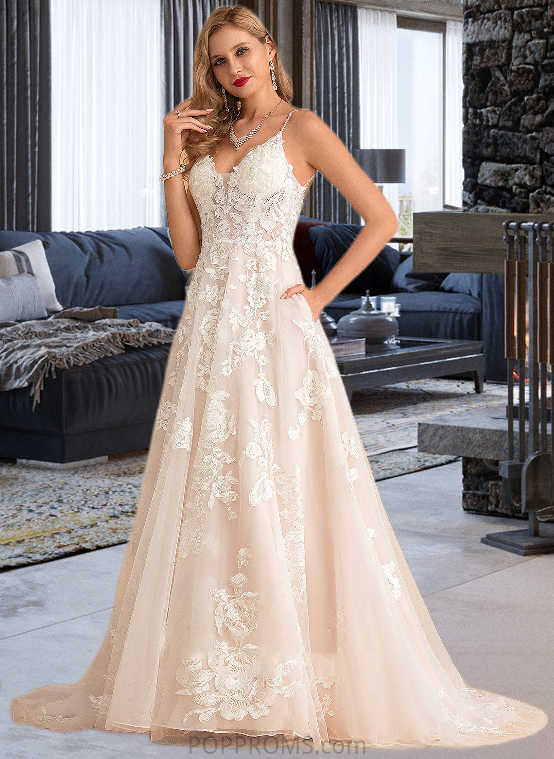 Aaliyah Ball-Gown/Princess V-neck Court Train Tulle Lace Wedding Dress With Beading Pockets PP6P0013679